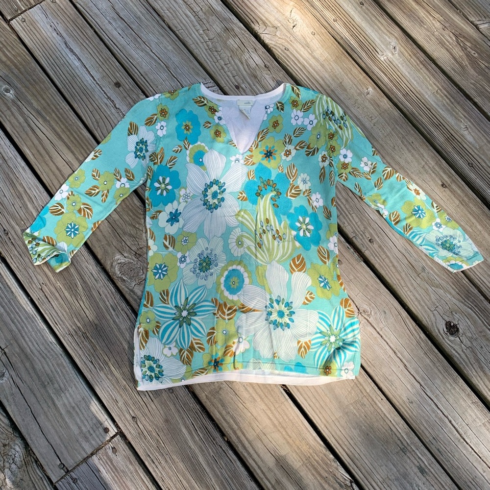Y2K Anthropologie Odille 2003 floral sweater M green blue botanical print EUC